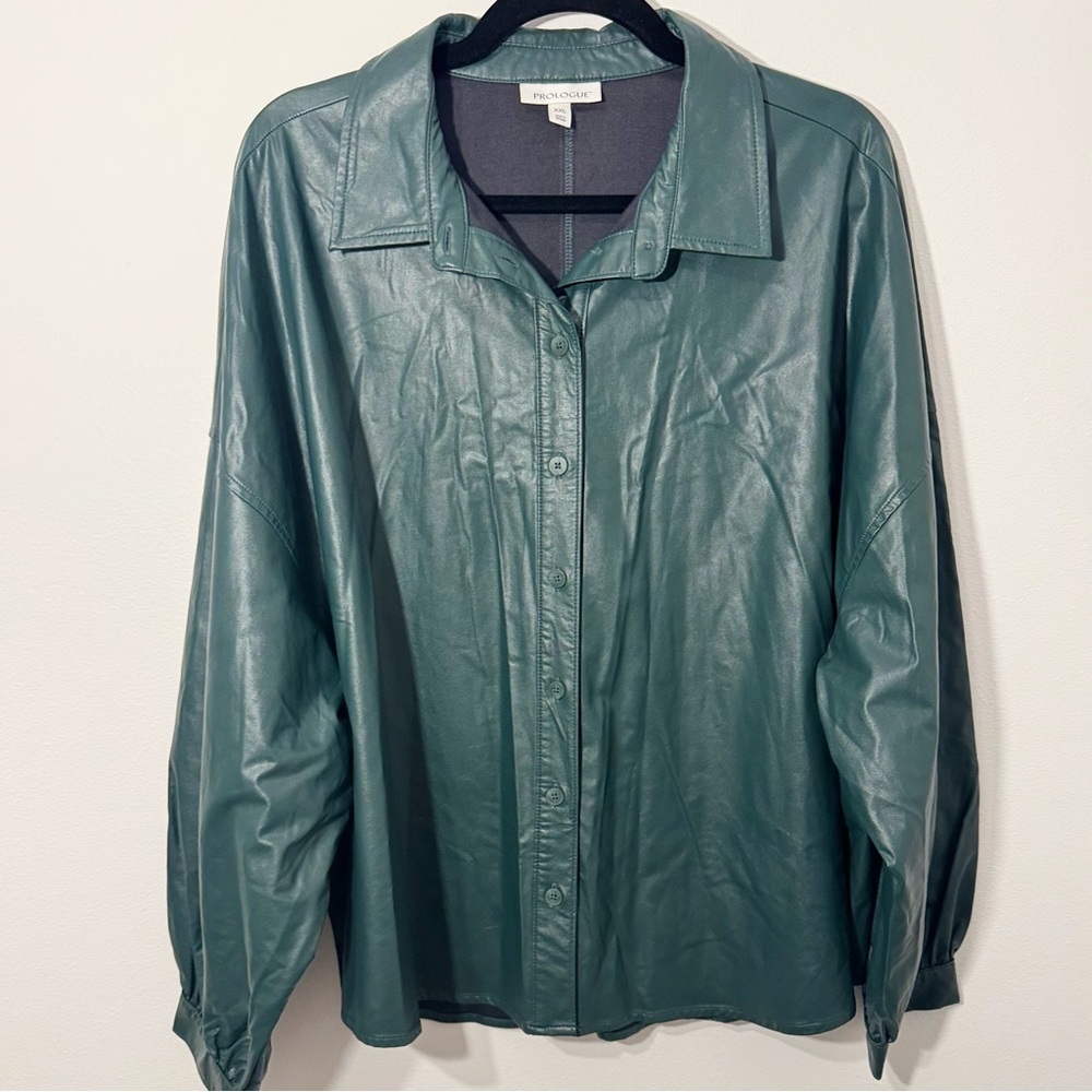 Prologue Faux Leather Button-Down Shirt Jacket XXL – Dark Teal Oversized